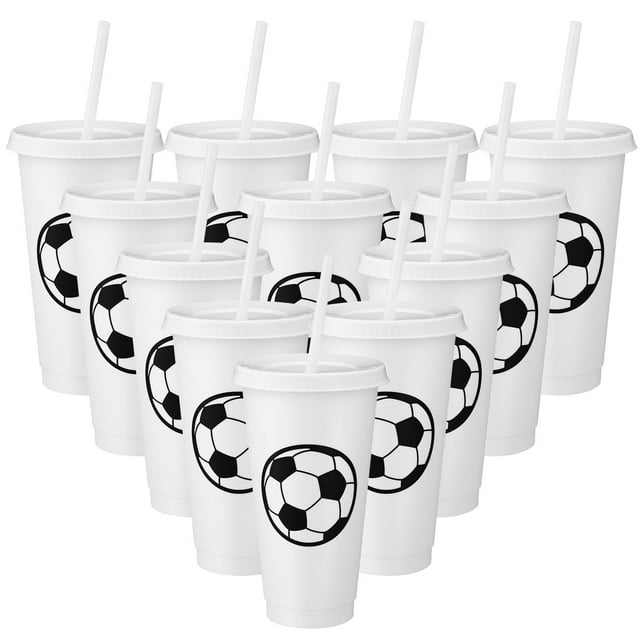 Domensi Juego de 12 Vasos Plásticos de Fútbol con Tapa y Popote de 710 ml