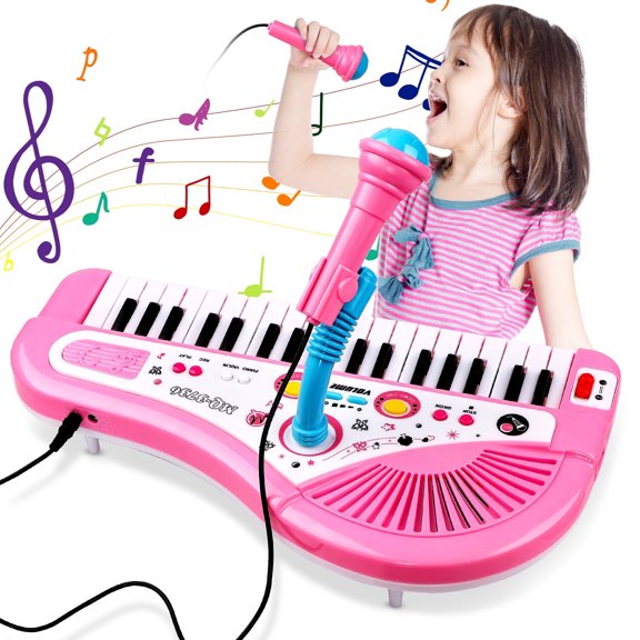 Beefunni Piano Toys , Pink Musical  Piano Keyboard Instrument with Microphone , Birthday Gift Toys for Girls Boys