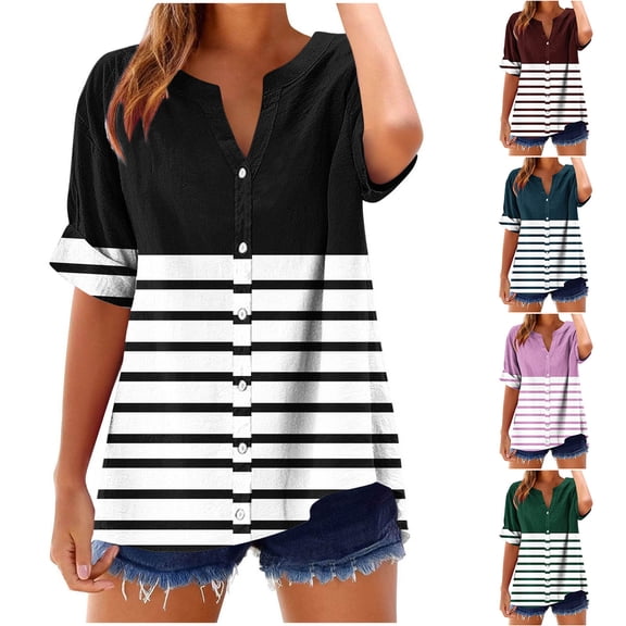 YHAJDS Womens Summer Tops Short Sleeve V Neck Striped Print Button Casual Loose Blouses