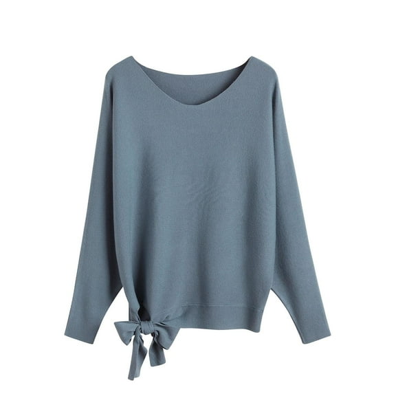 ZQGJB Women Sweaters Boat Neck Batwing Sleeve Slouchy Knitted Solid Color Sweaters Lightweight Casual Pullovers Sweater Tops with Bowknot Blue Free Size