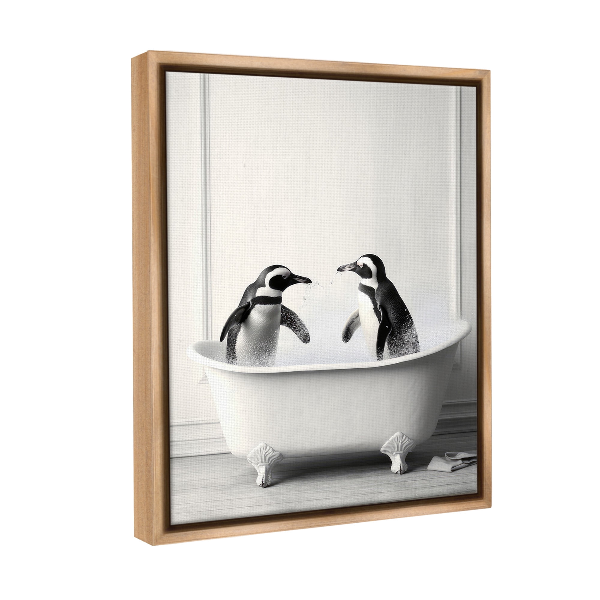 Stupell Industries Penguin Duo in Bath Animals & Insects Painting Brown Floater Framed Canvas Art Print Wall Art, 17 x 21