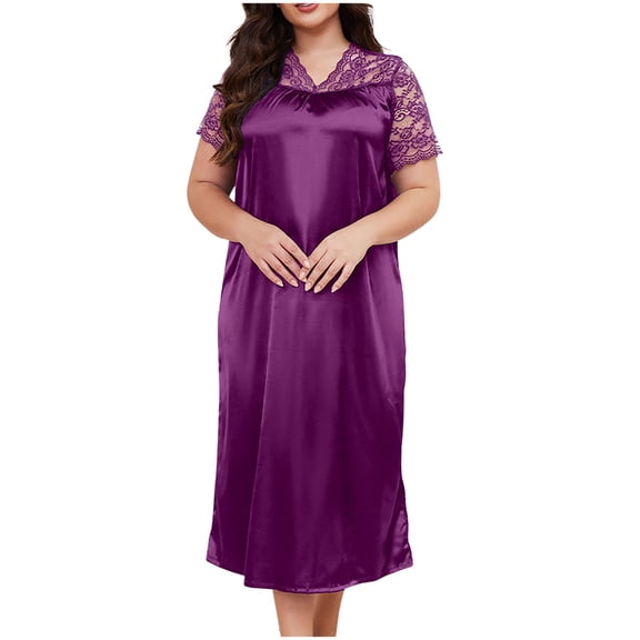 Kilaqueen Plus Size Nightgowns for Women Lace Trim Satin Silk Short Sleeve V Neck Nightdress Solid Color Soft Comfort Maxi Sleepwear