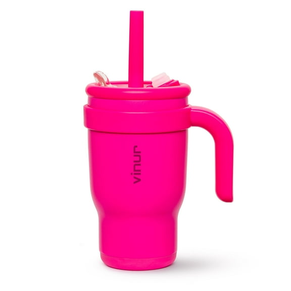 14oz Stainless Steel Insulated Tumbler with Handle | Leak-Proof Straw Lid | Non-Slip Base | Car Cup Holder Fit (RosePink-T)