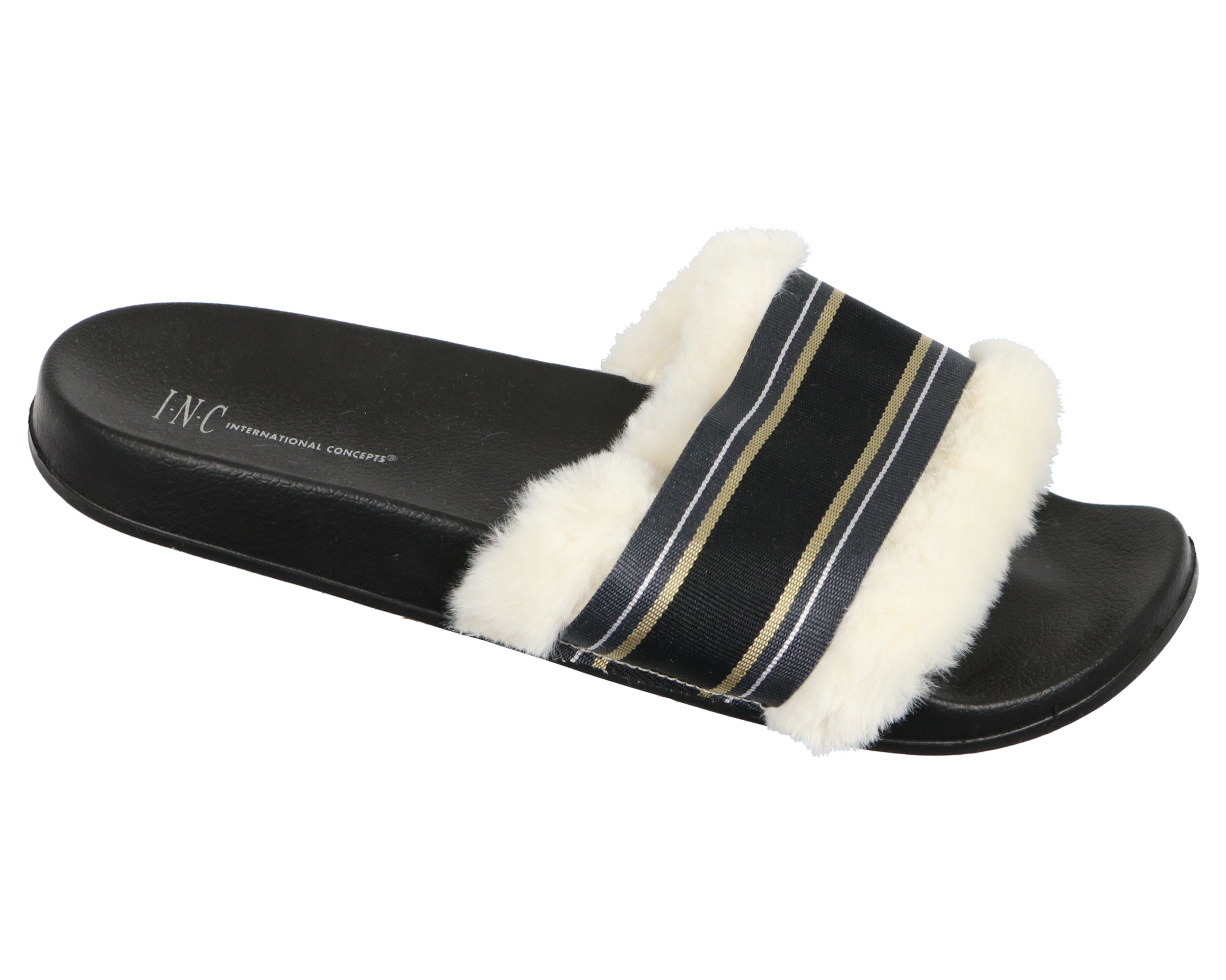 INC International Concepts Womens Faux Fur Slippers Slides Black Medium 7 8 