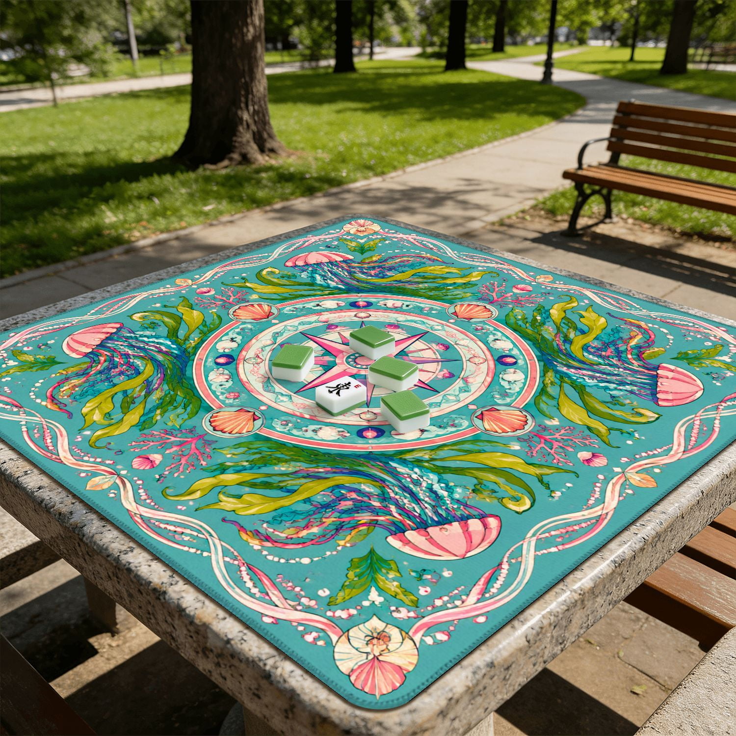 Mahjong Mat 31.5" x 31.5" Colorful Floral Mandala Protea Flowers Seaweed Nautical Compass Non-Slip Noise Reduction American Mahjong Tiles Table Cover for Dominoes Poker Card Board Games Gift