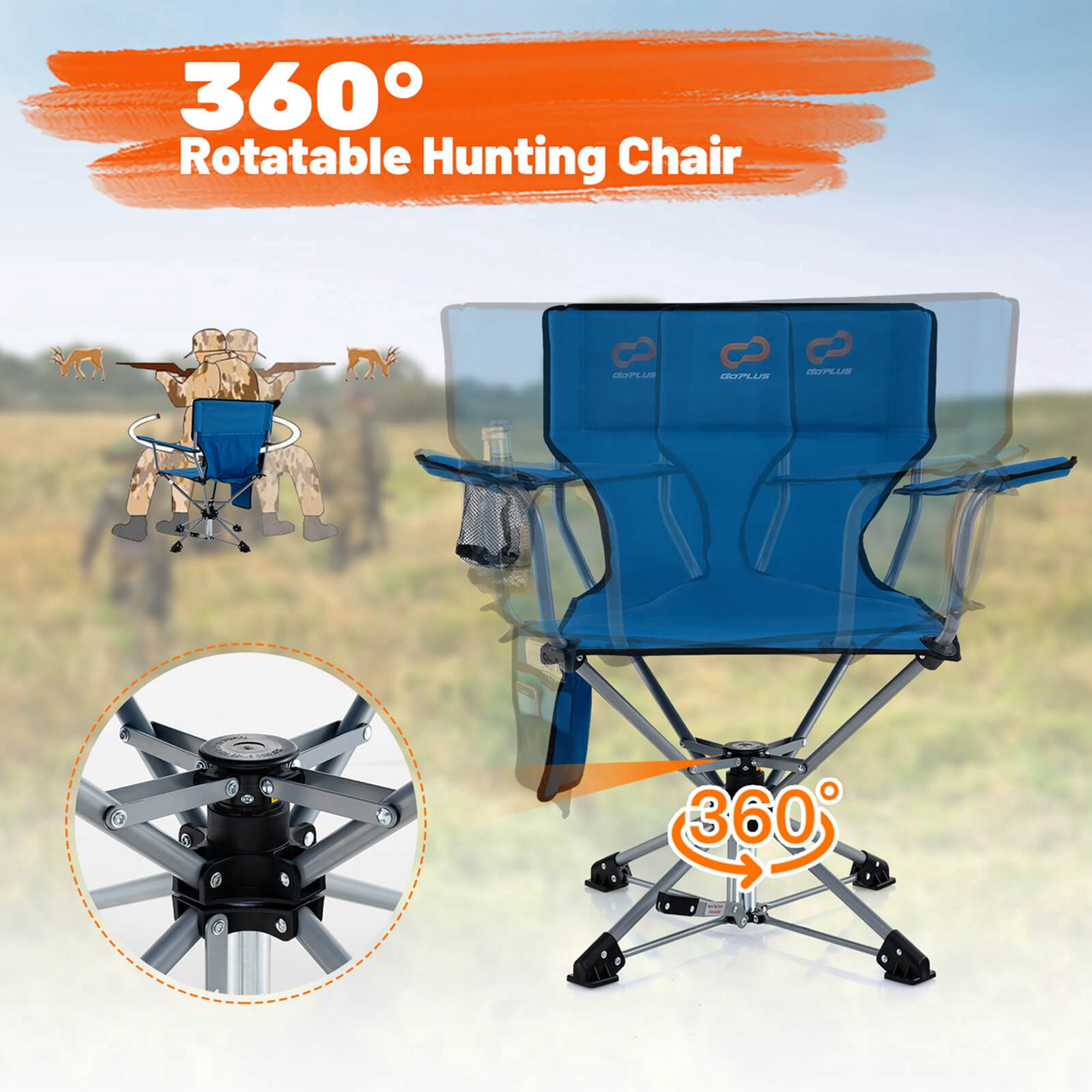 Goplus 360° Swivel Hunting Chair with Mesh Cup Holder & Storage Pockets Cozy Backrest Blue