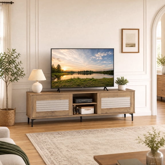 Waveform Fluted TV Stand for TVs up to 70", Entertainment Center Media Console Table with Door & Open Shelf,Oak