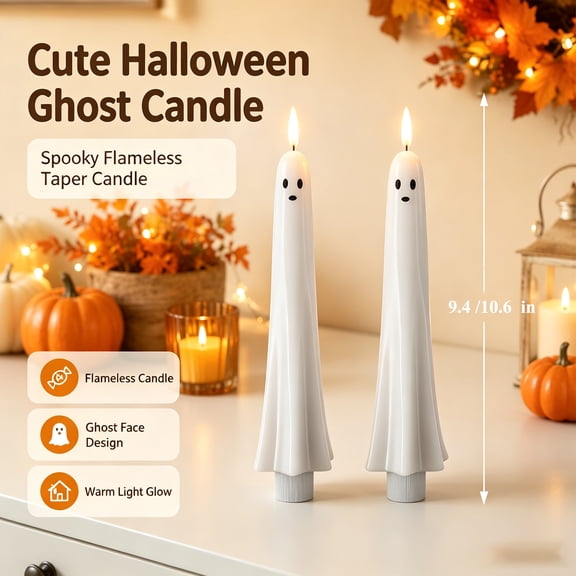 PoyoKee Halloween Ghost Taper Candles, 2pcs Flameless Candles with Remote, Battery Operated & Real Wax for Mantel Window Dinner Halloween Decorations