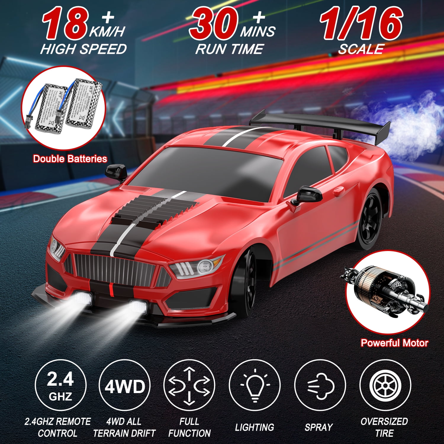 1:16 Scale Remote Control Car RC Drift Car, 4WD 18KM/H High Speed Model Vehicle with LED Lights Spray Rubber Tire Racing Sport Toy Car