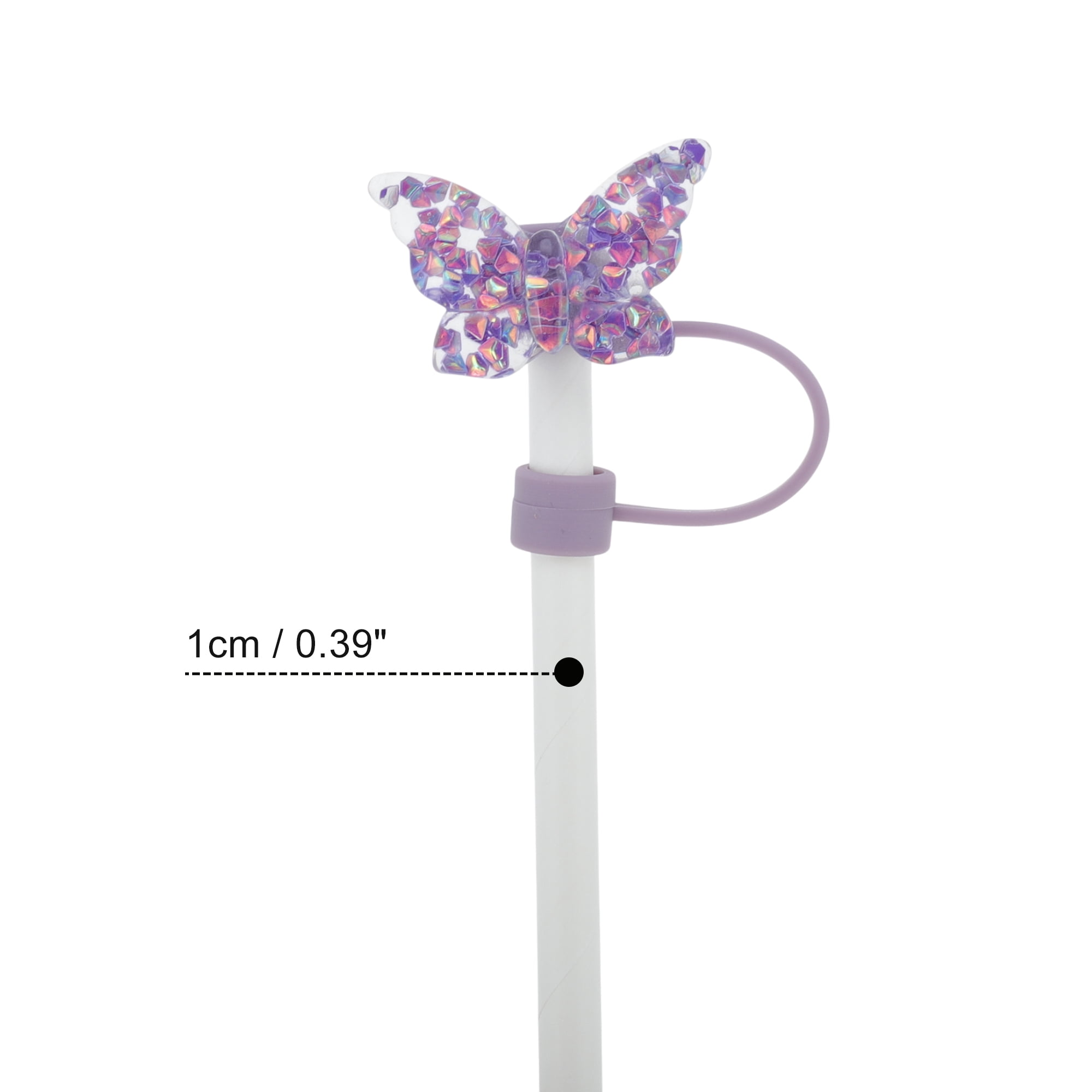 Unique Bargains Sparkling Butterfly Straw Cover Cap Set of 4 Purple