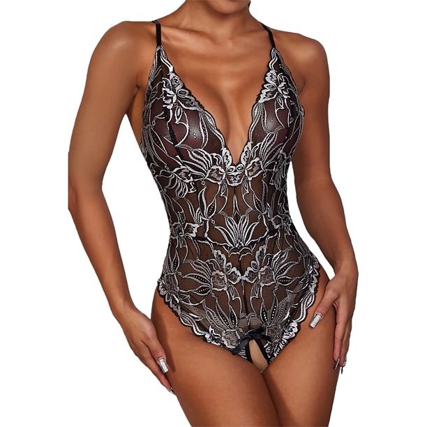 Body de lencería sexy con cuello en V y encaje floral de una pieza para mujer Negro Chica Negro Chica Xishao ropa