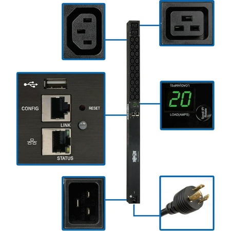 UPC: 0037332205346 | Tripp Lite PDU 3.7kW Single-Phase 208/230V Monitored PDU LX Platform 18 C13 2 C19 Outlets C20 / L6-20P Inputs 0U 900mm Height TAA