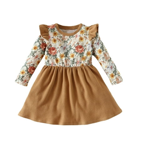 

Qufokar mas Dress Girls Sundress Toddler Kids Girls Floral Prints Flare Long Sleeves Princess Dress