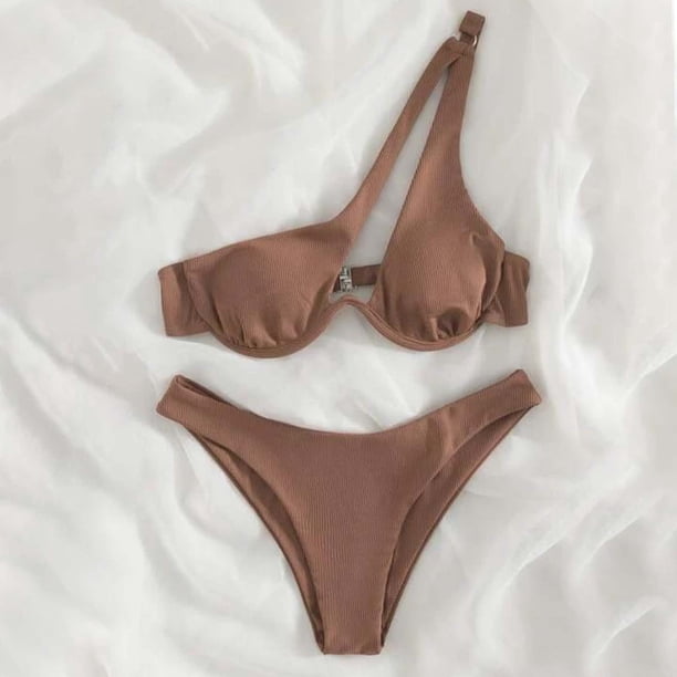 Traje de baño para mujer, bikini de dos piezas con hombros descubiertos y soporte de acero, color liso, trajes de baño para mujer, conjuntos de bikini para mujer, trajes de baño de bikini para mujer