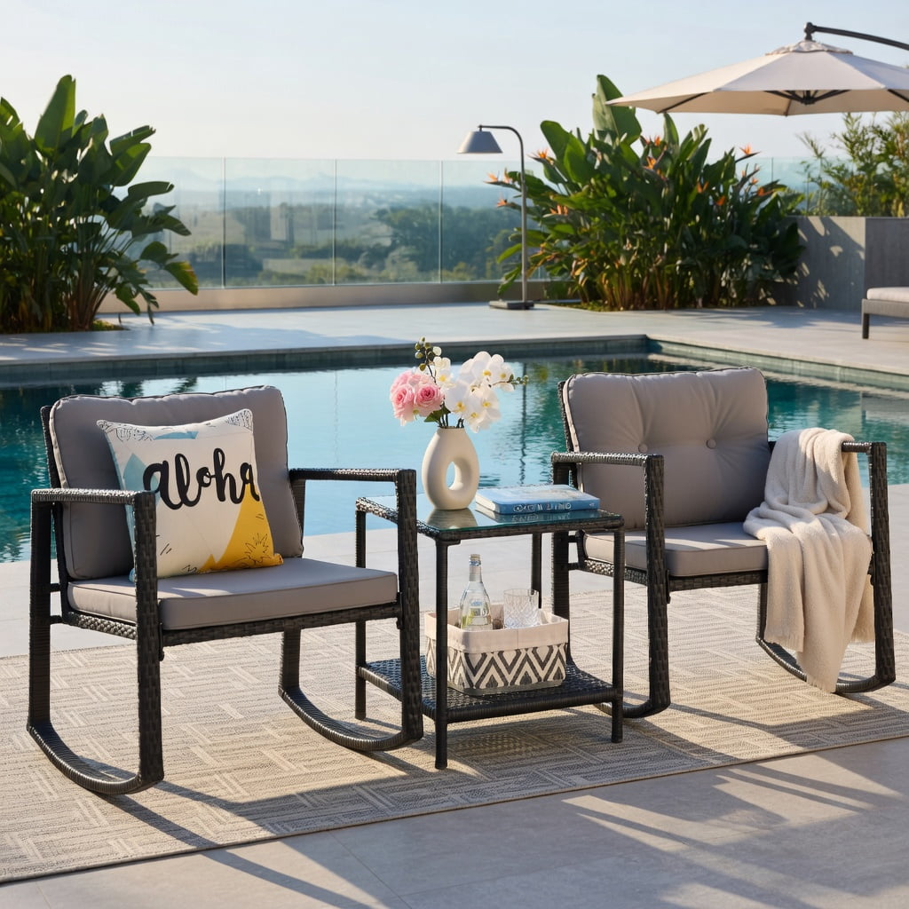 Hommoo 3-Piece Outdoor Rattan Patio Set with Rocking Chairs & Tempered Glass Table, Gray