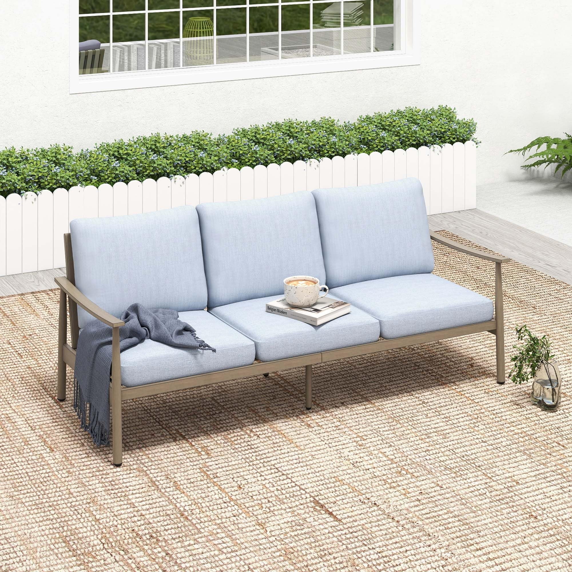 Patio Sofa 3 Seater Outdoor Aluminum Couch with Rope Backrest Thick Cushion All Weather Patio Furniture for Deck Backyard Porch, Blue