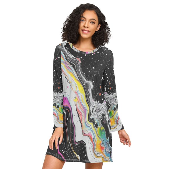 FORMRS Womens Long Sleeve Nightgowns Crew Neck Sleep Shirt Soft Pajamas Sizes S-3XL, Colorful White