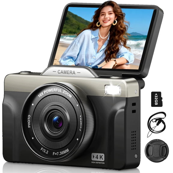 4K Digital Camera for Photography, 64MP Vlogging Camera for YouTube with 3" 180° Flip Screen, Autofocus 16X Digital Zoom Compact Travel Camera for Beginners Teens with 32GB Card