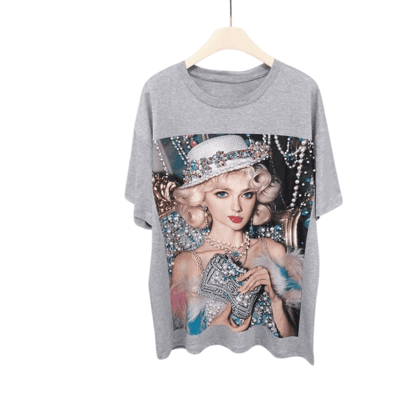 Terry Macc blonde glam doll Graphic T-Shirt – 100% Cotton, Hand-Embellished Stones & Pearls, Unisex One Size