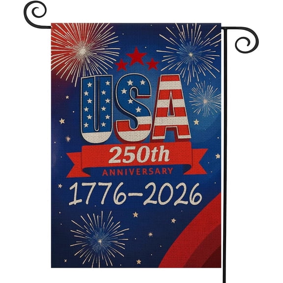 250 Years USA Garden Flag, America 250th Anniversary Banner with Fireworks Design, 1776-2026 Patriotic 4th of July Yard Sign Double-Sided Waterproof Flag 12x18 Inch