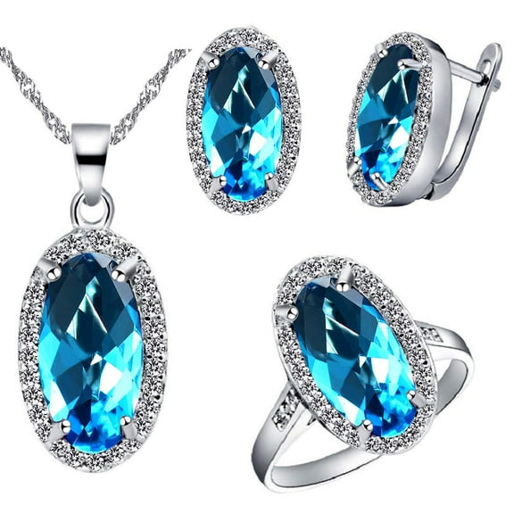 Uloveido Women's Oval Hot Blue Stone Cocktail Ring Necklace and Earrings Set, White Gold Plated Wedding Jewelry Set for Women (Blue, Size 6) T482