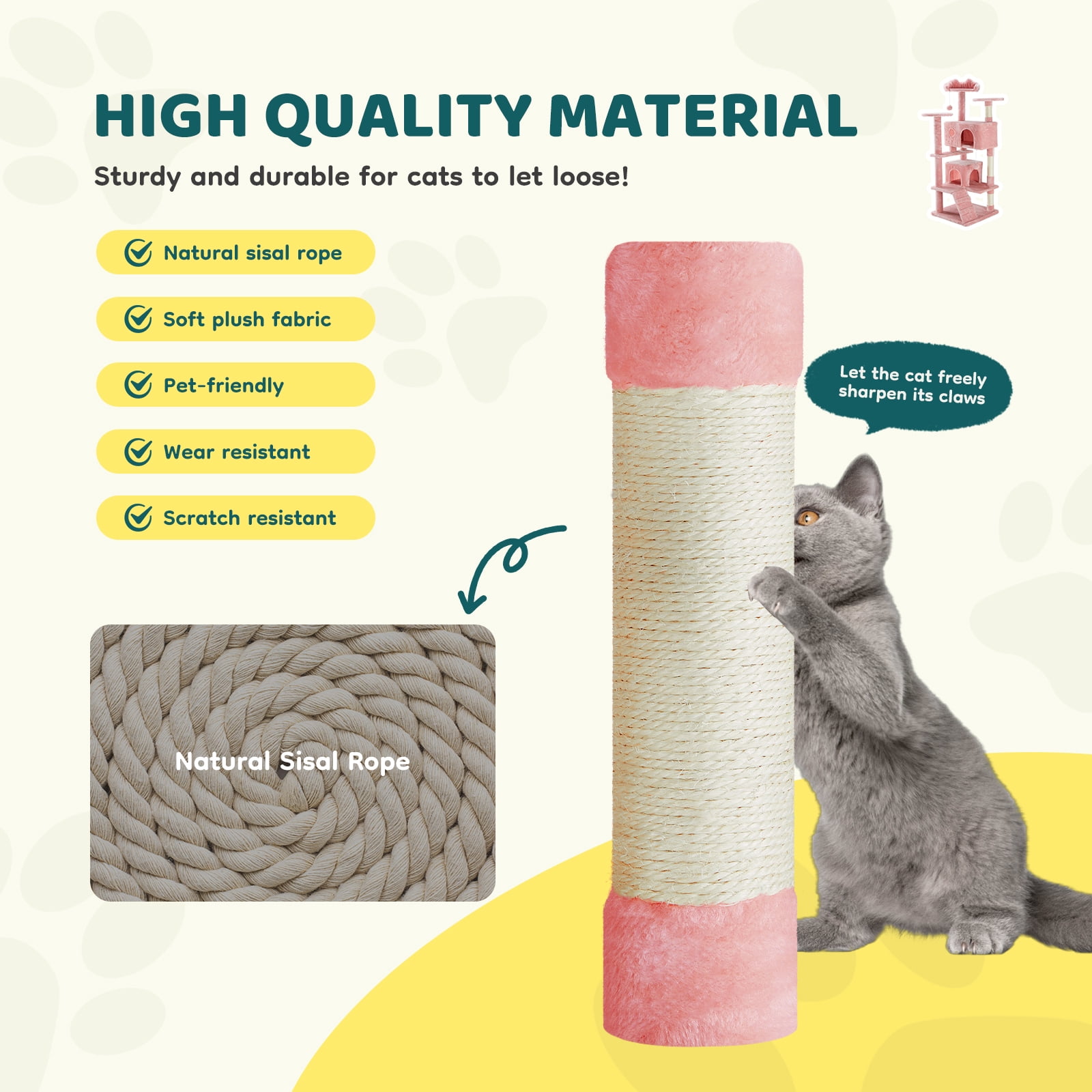 SHOUFTW 54 Indoor Cat Tree Tower, Multi-Layer Design, Sisal Scratching Posts, Spacious Apartment, Climbing Ramp, Kitten Toys, Pink
