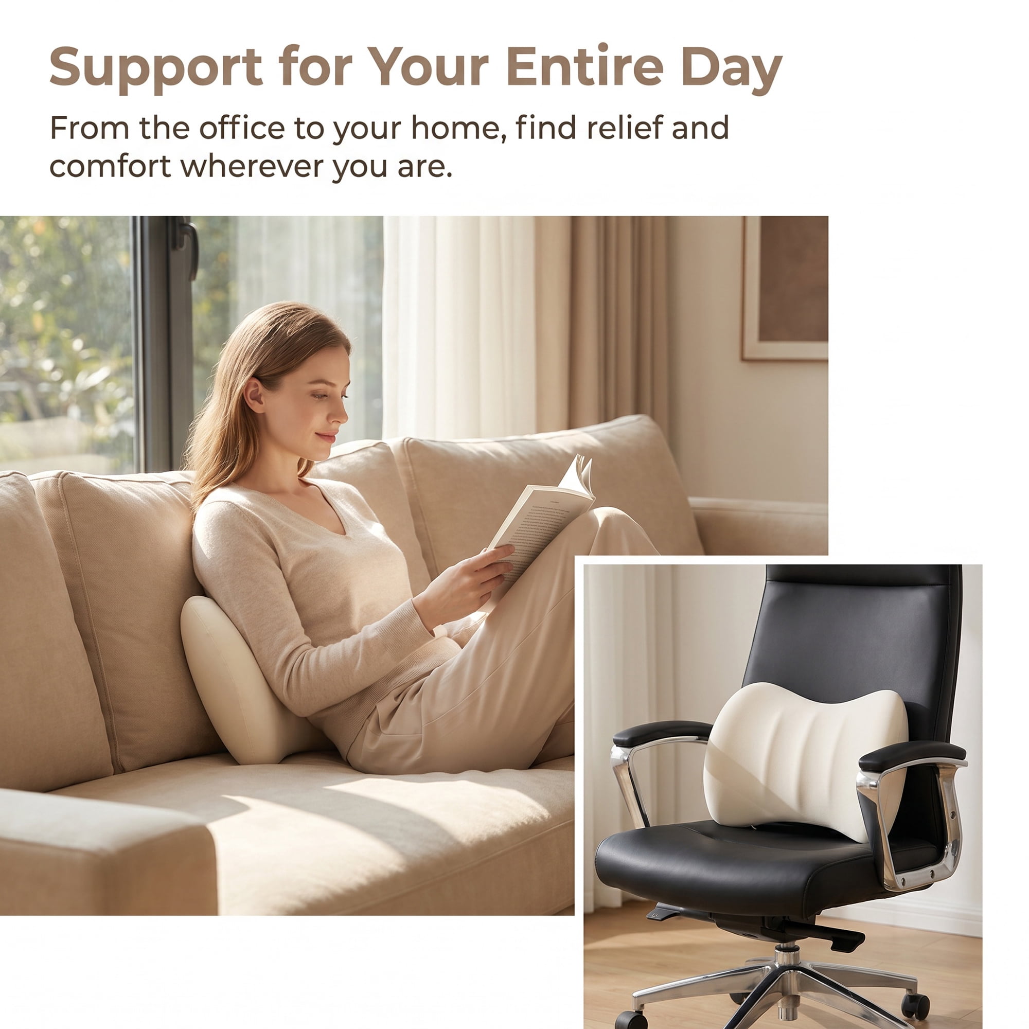 Unique Bargains Lumbar Support Pillow Memory Foam Back Support Beige 16.5" x 3.9" x 12.2"