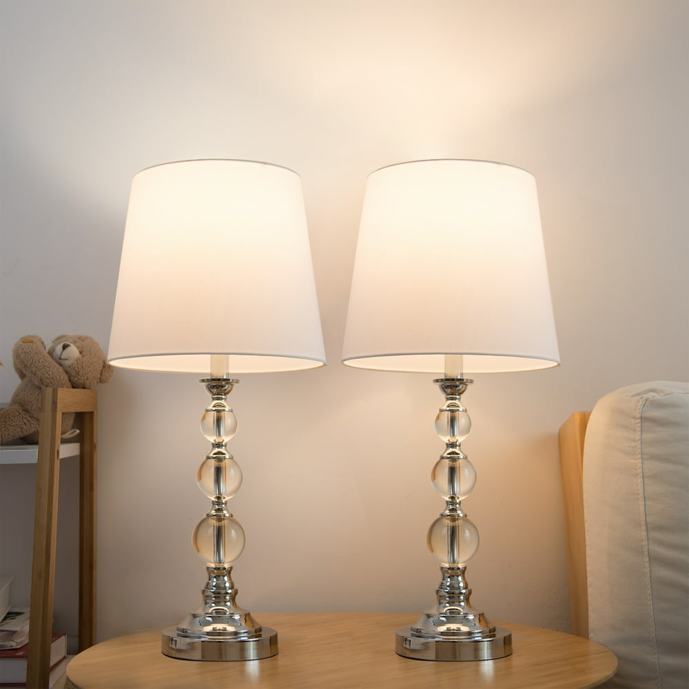 Table Lamp Stacked Crystal Ball in Chrome Finish w/ White Fabric Rolled