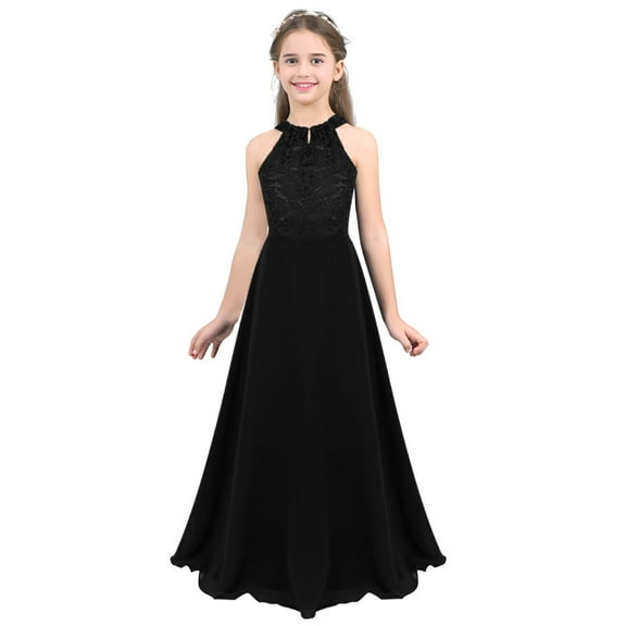 Manyakai Kids Girls Floral Lace Chiffon Sleeveless Bridesmaid Wedding Party Maxi Flower Girl Dress Black 12