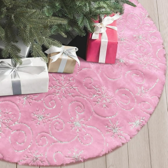 Plush Christmas Tree Skirts, 30 inches Luxury Pink Faux Fur Xmas Tree Base Cover Mat with Silver Snowflakes Pattern for Xmas New Year Home Party Decorations