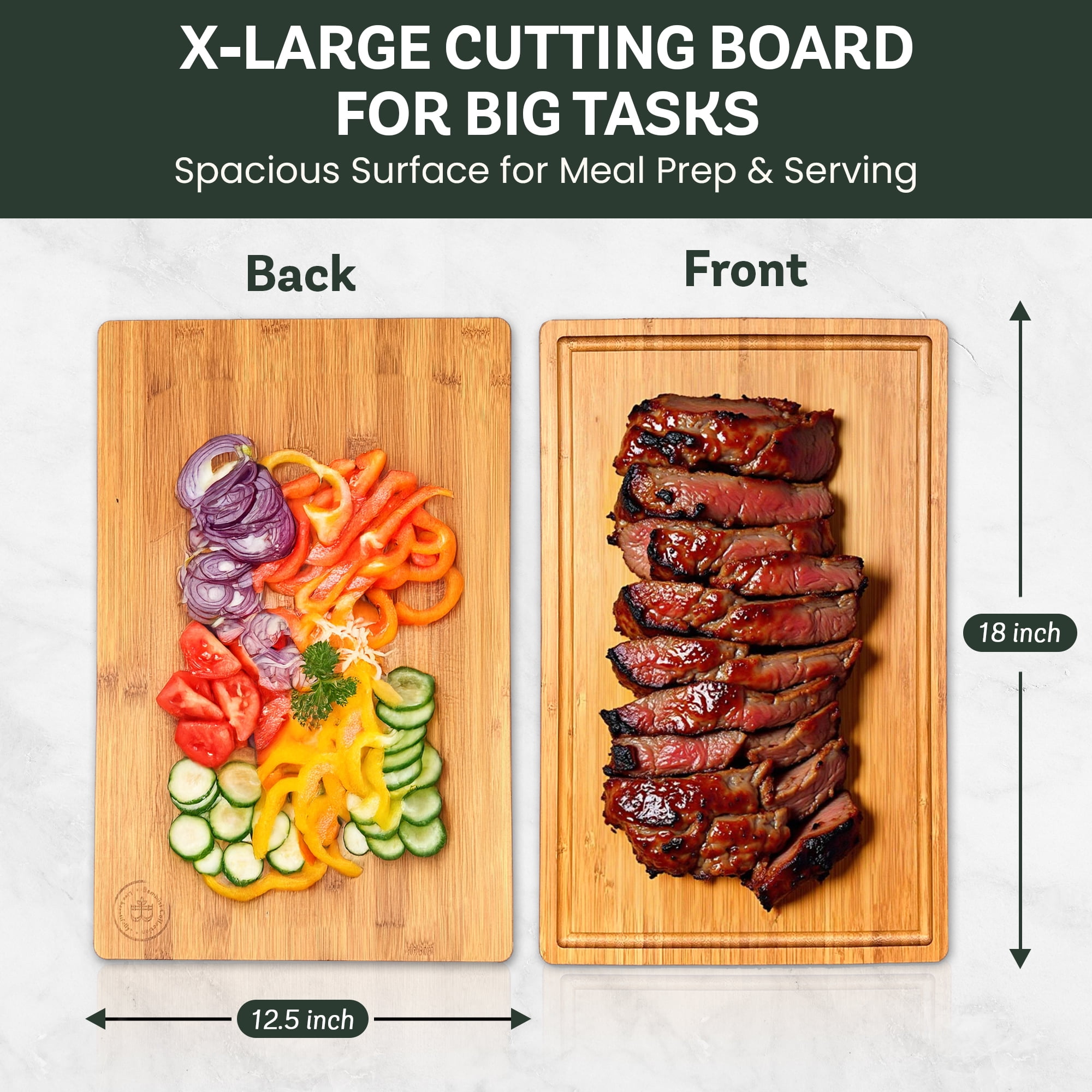 Bambüsi Bamboo Cutting Board 18" x 12.5" Extra Large Chopping Board with Juice Groove and Handles