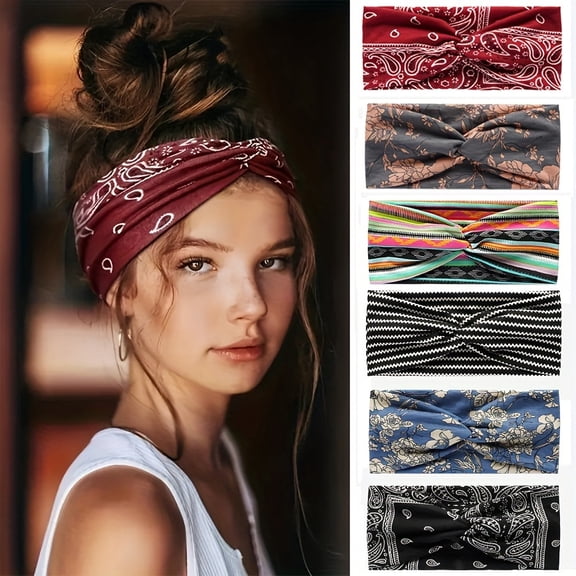 6pcs Ladies' Loose And Soft 6pcs Summer Bohemian Style Headband Set with Printed Hair Accessories, Suitable for Yoga And Sports, Available in Multiple Colors And Thin Straps.