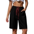 thumbnail image 2 of Cagogo Women Plus Size Bermuda Shorts Elastic Waist Casual Loose Shorts with Pockets Summer Drawstring Wide Leg Cropped Pants Lounge Beach Travel Trousers, Black M, 2 of 7