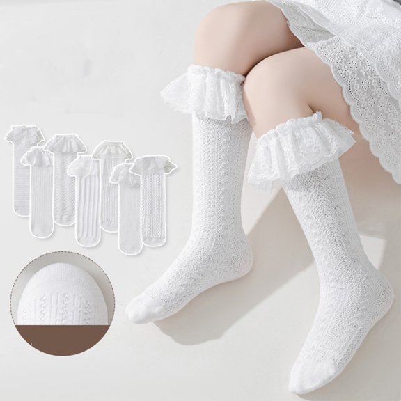 Lace Ruffle Knee High Socks for Girls Cotton Calf Long Socks Tube with Bow Trim Frilly School Uniform