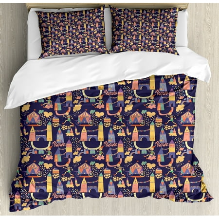 - Cartoon King Size Duvet Cover Set, Carnival Pattern with Circus Carts Doodle Style Castles and Houses Illustration, Decorative 3 Piece Bedding Set with 2 Pillow Shams, Multicolor, by Ambesonne