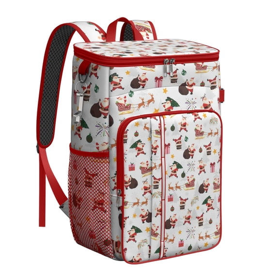 Travel Cooler Bag - White Christmas Santa Pattern Camping Beer Cooler Backpack with Bottle Opener- Waterproof Insulated Picnic Backpacks - Cooler Bag for Beach