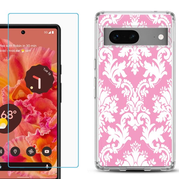 Slim-Fit Gel TPU Phone Case for Google Pixel 7, with Tempered Glass Screen Protector, by OneToughShield ® - Victorian White/Pink