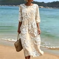 thumbnail image 4 of HBYJLZYG Women's 3/4 Sleeve Round Neck Midi Dress with Floral Applique and Gathered Waist, Summer Vacation Beach Casual Long Dress for Travel and Daily Wear, 4 of 6