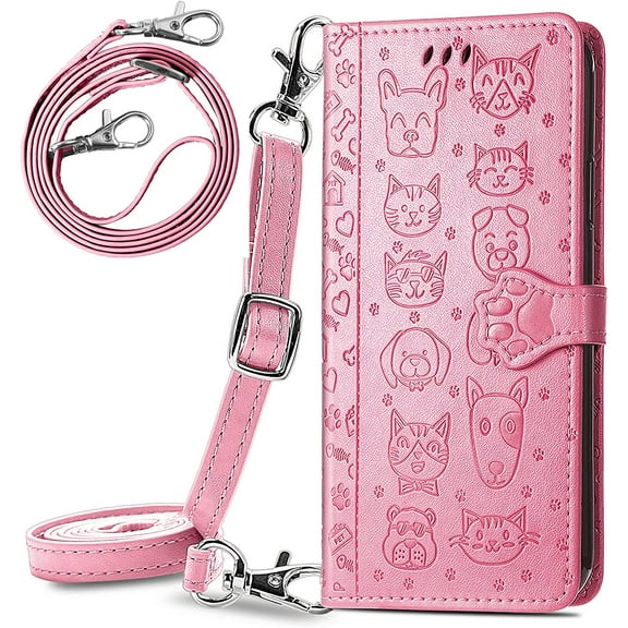 case for Samsung Galaxy A32 5G (Not 4G) Crossbody Cell Wallet Case,Cute Cat Dog Cartoon Style Flip Phone Cover with Removable Lanyard Strap with Card Holde Case for Samsung Galaxy A32 5G MGG Pink