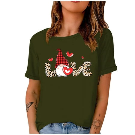 

Women Casual Short Sleeve Digital Printing Round Neck Loose T-Shirt Blouse Tops Fashion Army Green XL