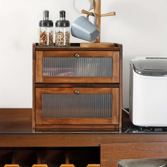 Large Double Layer Bread Box with Acrylic Window - Wood Corner Cabinet Organizer, Flip-Top Lid & Lower Shelf for Kitchen Counter Storage - Space-Saving Bread, Pastry & Baked Goods Container ( Brown)