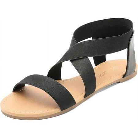 

XWQWJH Women s Elastic Ankle Strap Flat Sandals Summer Dressy Shoes Cute Strappy Gladiator Sandals