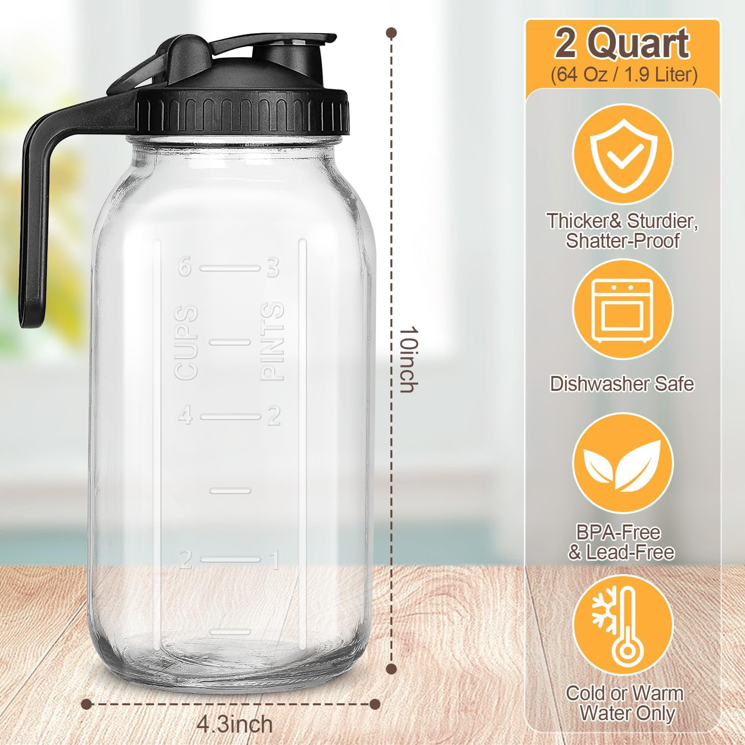 JOGGEIL 3 Pack 64OZ Mason Jars with Lid, 2 Quart Glass Water Pitcher with Lid, Airtight Seal for Great for Iced Tea,Juice,Milk,Coffee,Sun Lemonade, Black