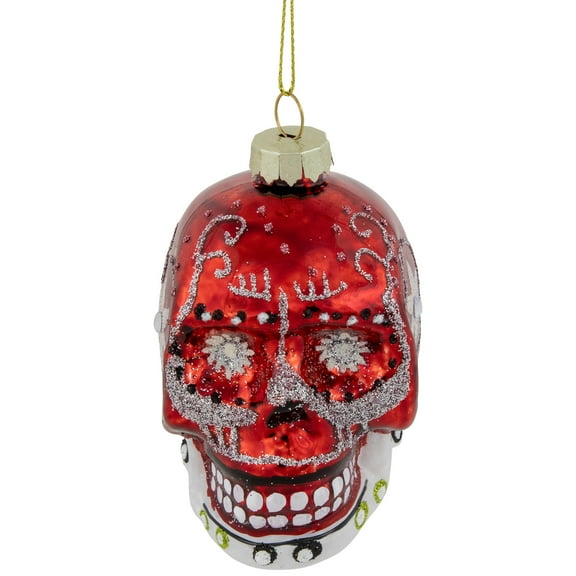 Northlight Day of the Dead Skull Head Glitter Glass Christmas Ornament - 3.5" - Red