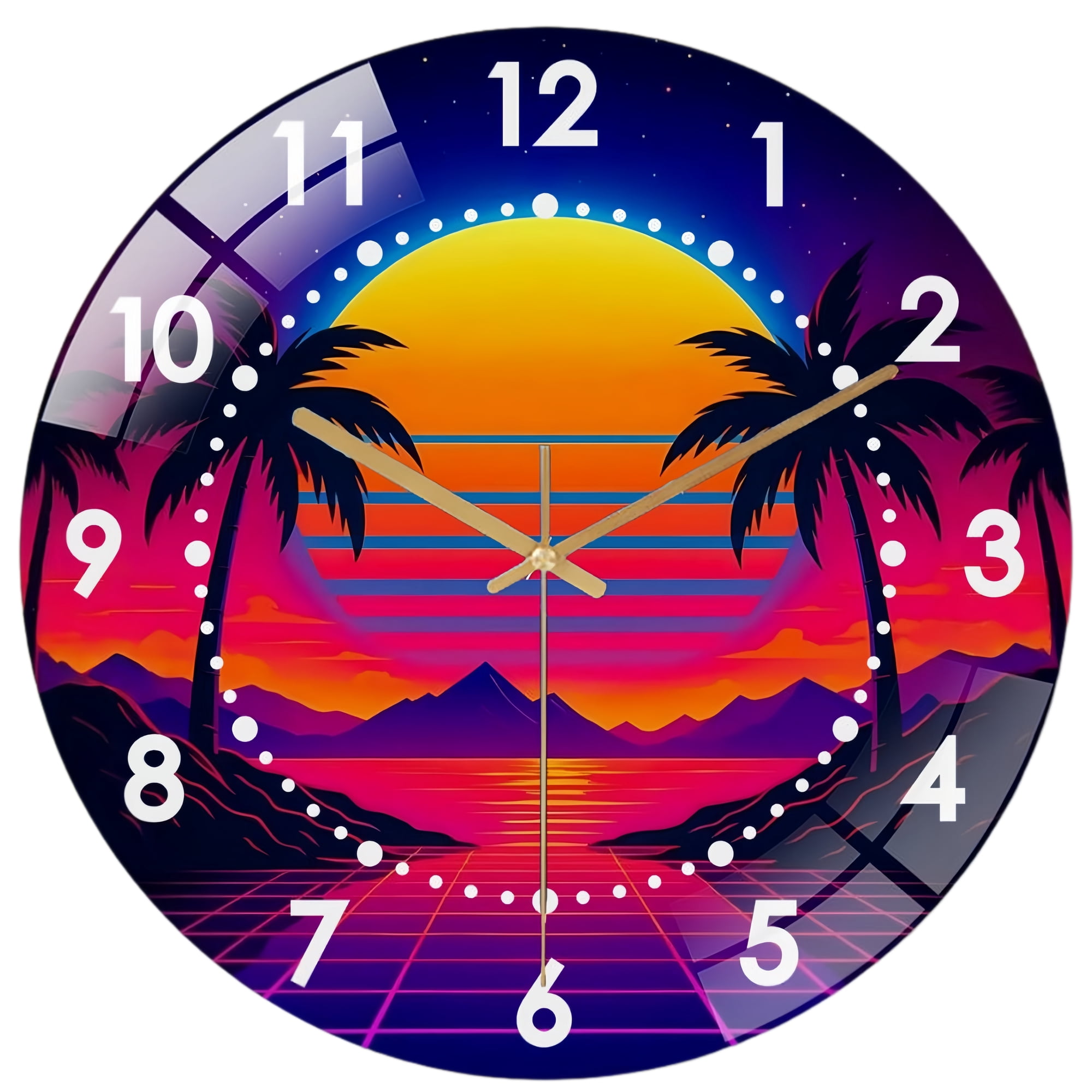 Decorative Clocks: Neon Vaporwave Glass Wall Clock, 80 s Nostalgia Retrowave Wall Art Cool Decor