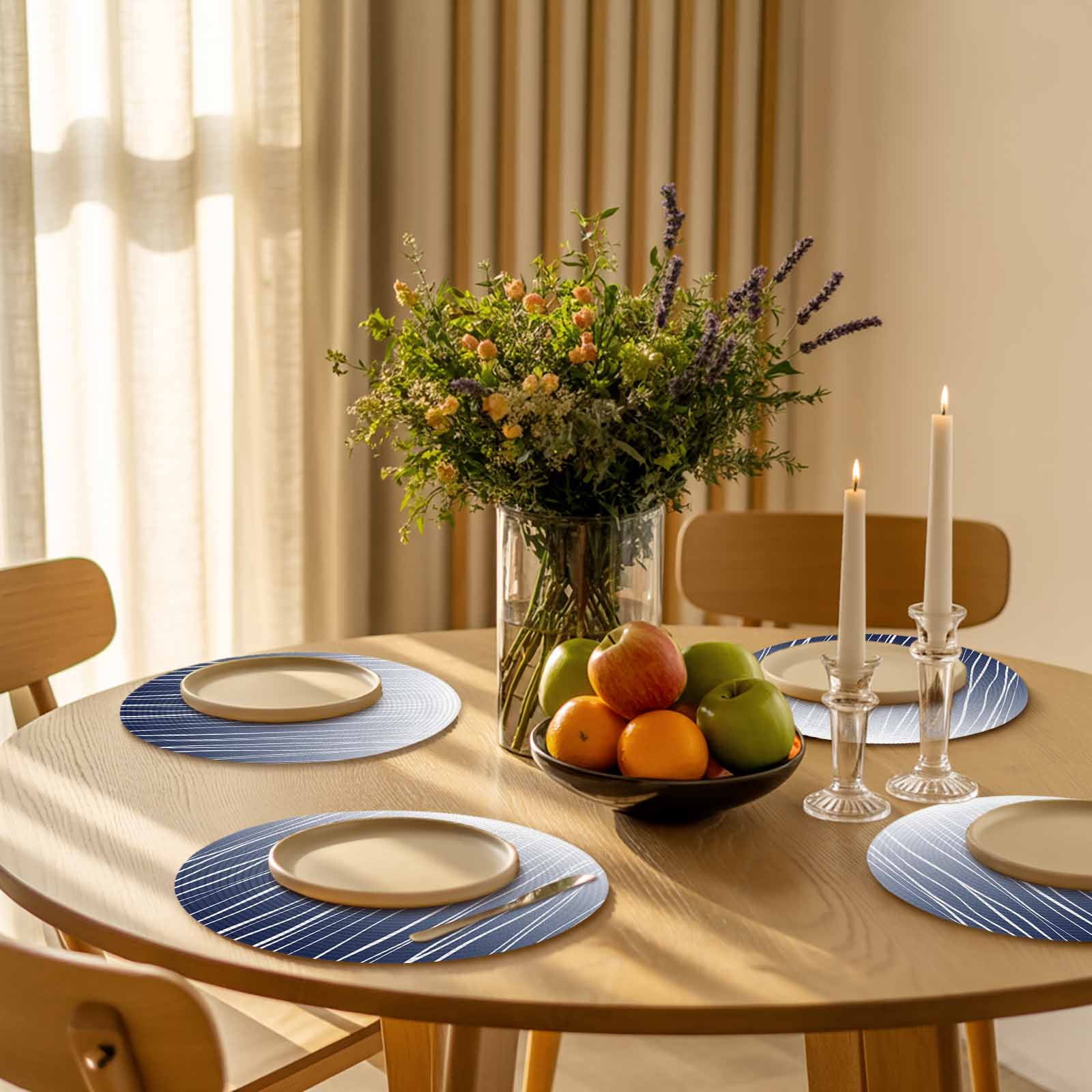 Blue White Round Placemats Set of 8 Ombre Gradient Striped Minimalist Texture Place Mats Indoor Woven Table Mats Washable Heat-Resistance Braided Dining Table Placemats for Kitchen Party 15 Inch