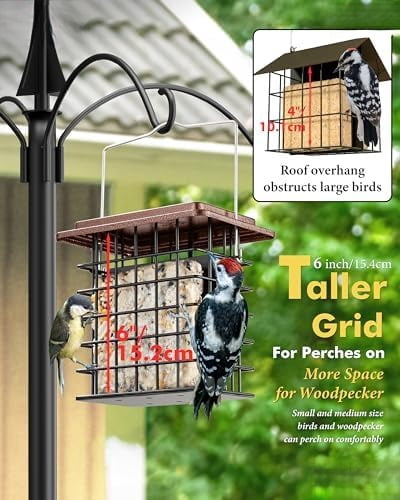 Double Suet Feeder for Outside Hanging,Weatherproof Suet Feeders,Suet Holder with Taller Grid for Woodpecker, Suet Cage Bird Feeders for Outdoors (Coffee, 6 Inch,1 Pack)