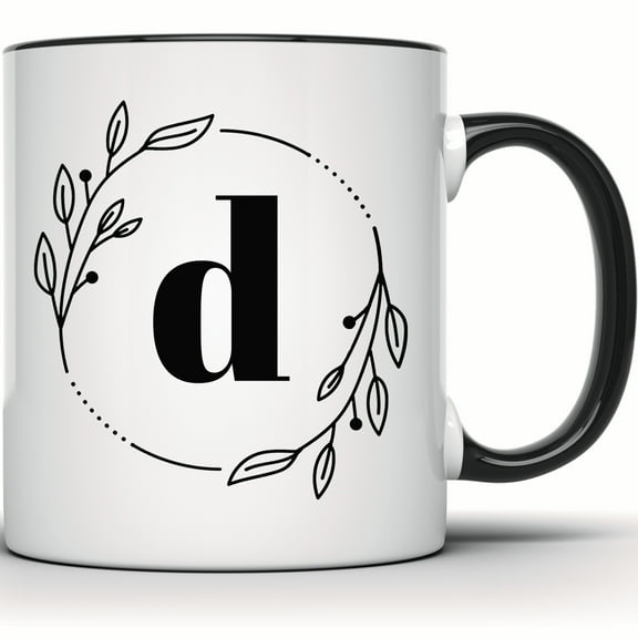 Initial D Monogram Mug - Floral Letter D Coffee Tea Mug - Personalized Gift for Him or Her - 11 Ounce Black Rim Handle Novelty Coffee Cup - WMUG0380-Black Rim