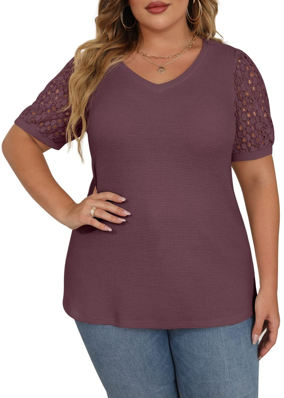 JWD Plus Size Tops For Women Summer Blouse Waffle Knit Short Lace