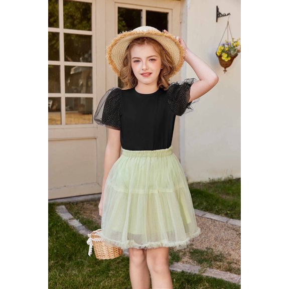 Arshiner Girls Shirts Mesh Puff Short Sleeves Blouse Crewneck Cute Print Summer Kids Tee Tops